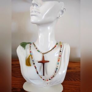 Crystal Bead Tassel Necklace And Monkeypod Wood Cross